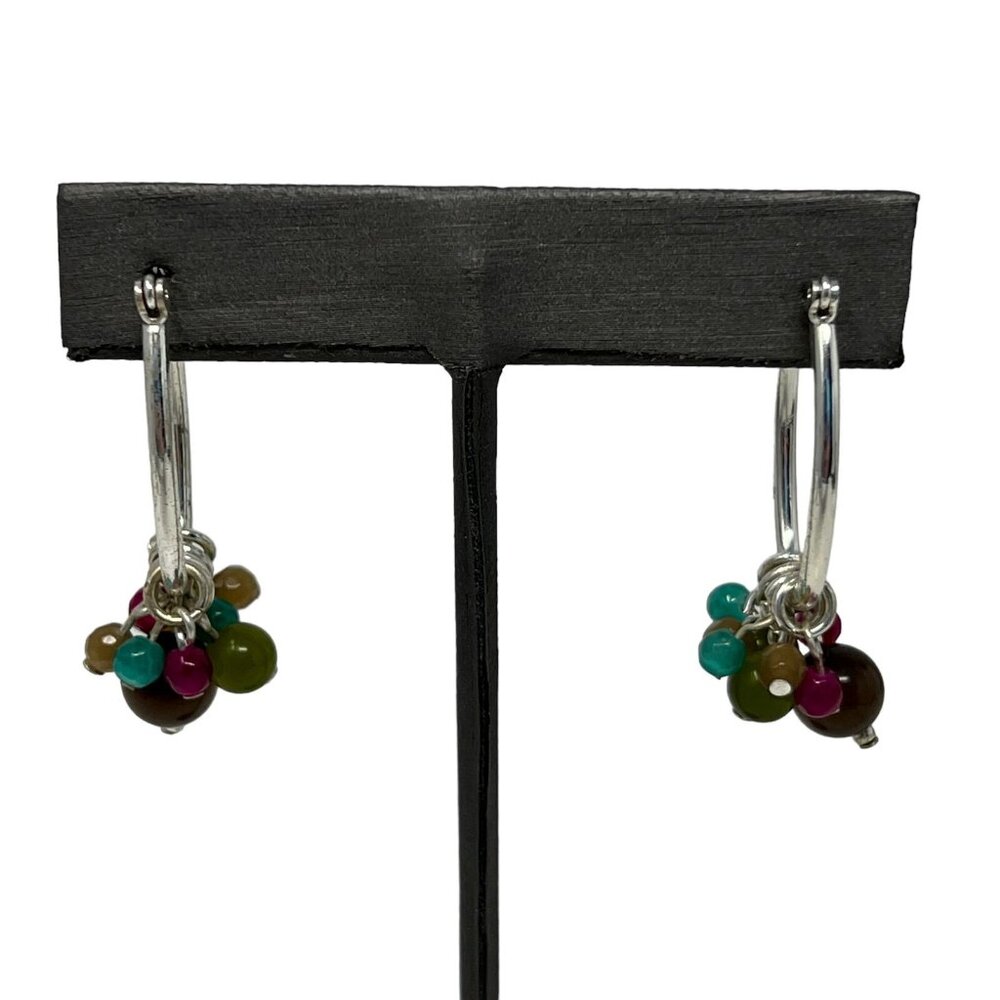 Pierced‎ Hoop Earrings Oval with Removable Multicolor Beads Silver Tone